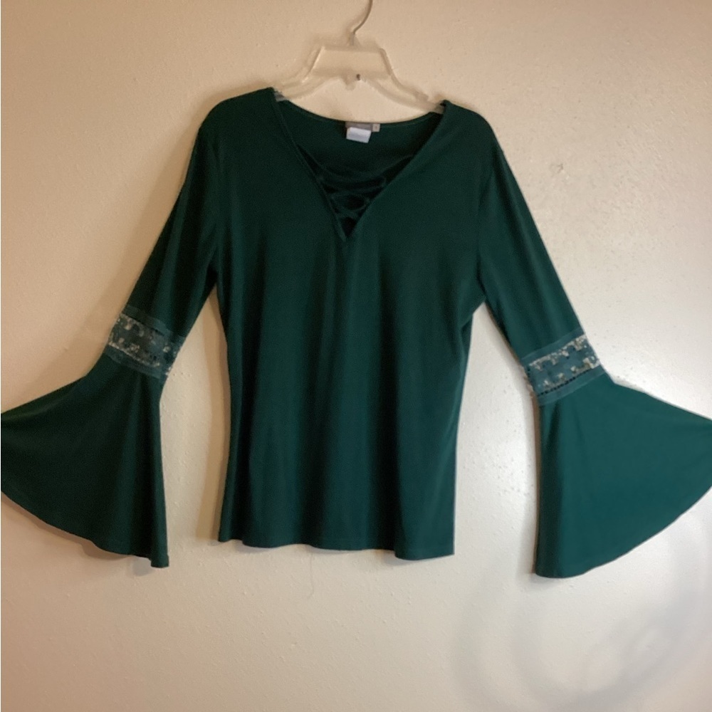 EARTHBOUND Deep Green Bell Sleeve Blouse with Lace Trim